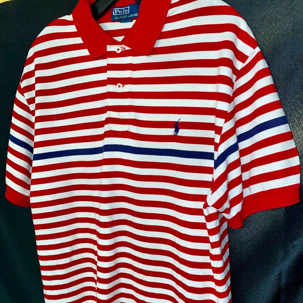 Polo Ralph Lauren Polo Shirt Men Large Red Striped Pony Embroidered Short Sleeve